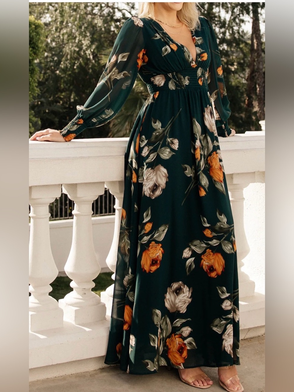 Baltic Born Dark Green Floral Maxi Dress with Orange and Cream Blooms